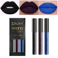 Set of four waterproof liquid lipsticks in black, blue, purple, and green with matte finish, nude lip tint, and stain makeup from Blushimmer.