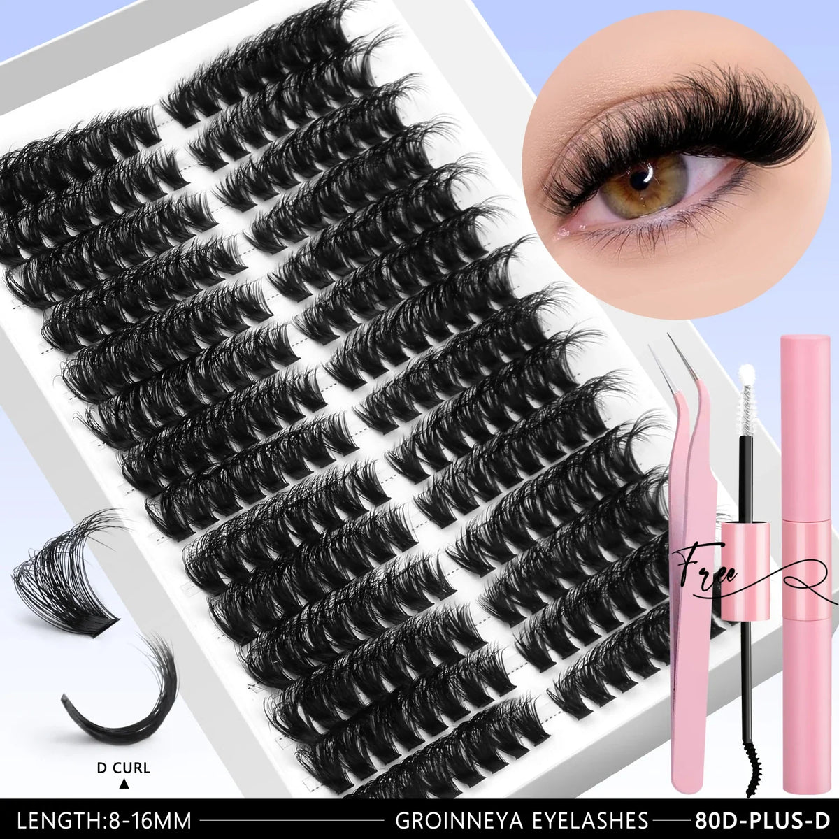 Blushimmer GROINNEYA DIY eyelash extension kit with mixed lash clusters, lash bond and seal, and tweezers for at-home lash application