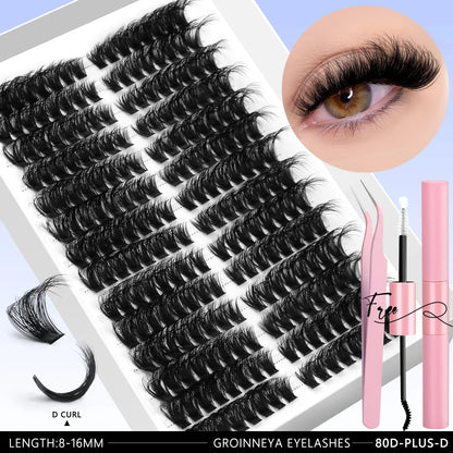 Blushimmer GROINNEYA DIY eyelash extension kit with mixed lash clusters, lash bond and seal, and tweezers for at-home lash application