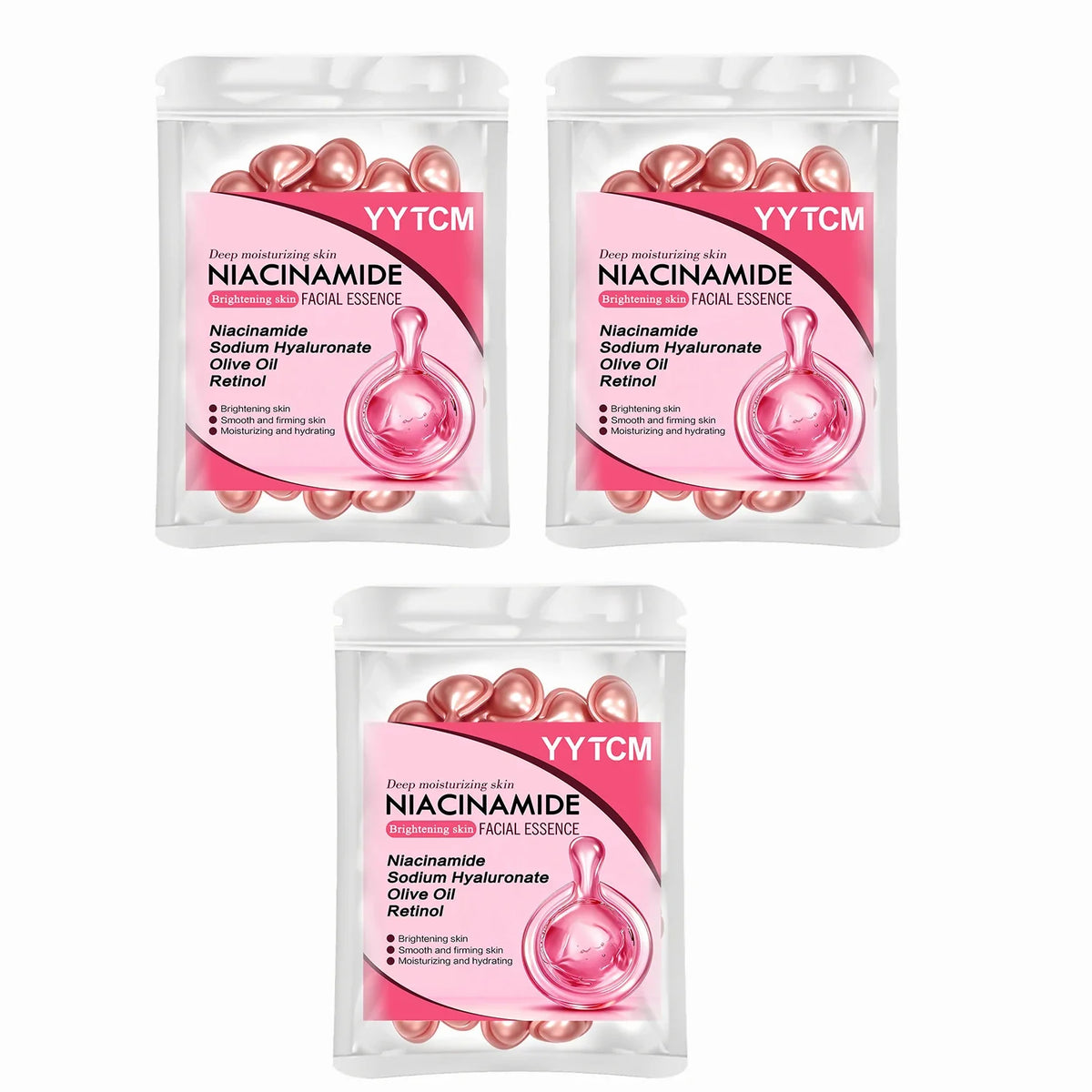 Blushimmer Niacinamide Facial Essence Capsules with retinol, olive oil, gardenia extract; moisturizing, brightening skin.