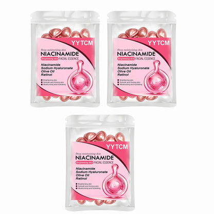 Blushimmer Niacinamide Facial Essence Capsules with retinol, olive oil, gardenia extract; moisturizing, brightening skin.