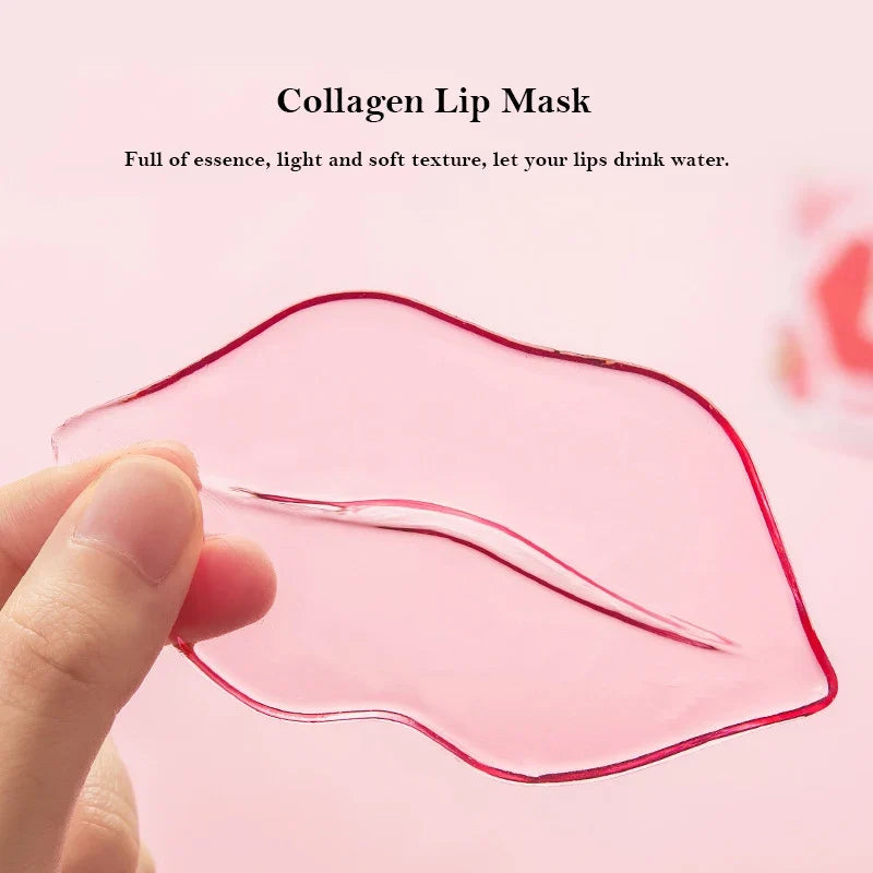 Blushimmer collagen nourishing lip mask with moisturizing fruit essence, showing the firming, anti-wrinkle lip patches on a user's lips.