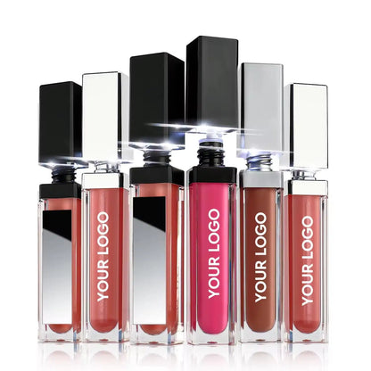 Matte liquid lipstick and vegan lip gloss in mirror tubes by Blushimmer, long-lasting, waterproof, wholesale bulk for business use.
