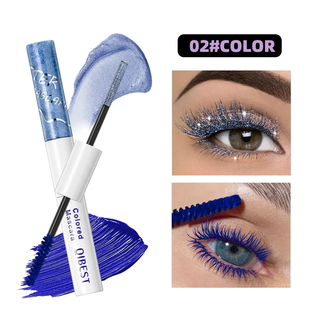 Blushimmer Qibest Double Ended Diamond Glitter Waterproof 4D Fiber Mascara with sparkling finish and volumizing brush.