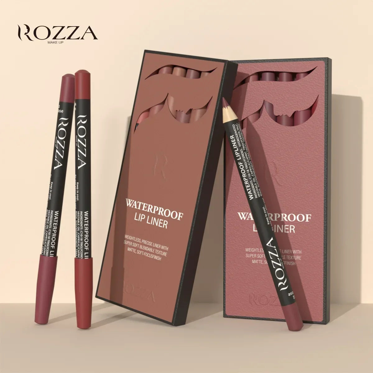 Blushimmer Rozza Velvet Matte Lip Liner set with six waterproof, long-lasting shades in brown, pink, and purple.