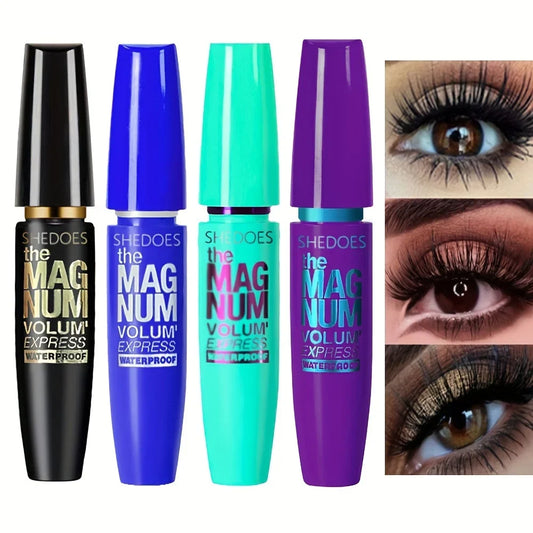 Silcy Skin 4D Black Mascara showing thickening, lengthening, and curling waterproof liquid fiber formula on a mascara wand.