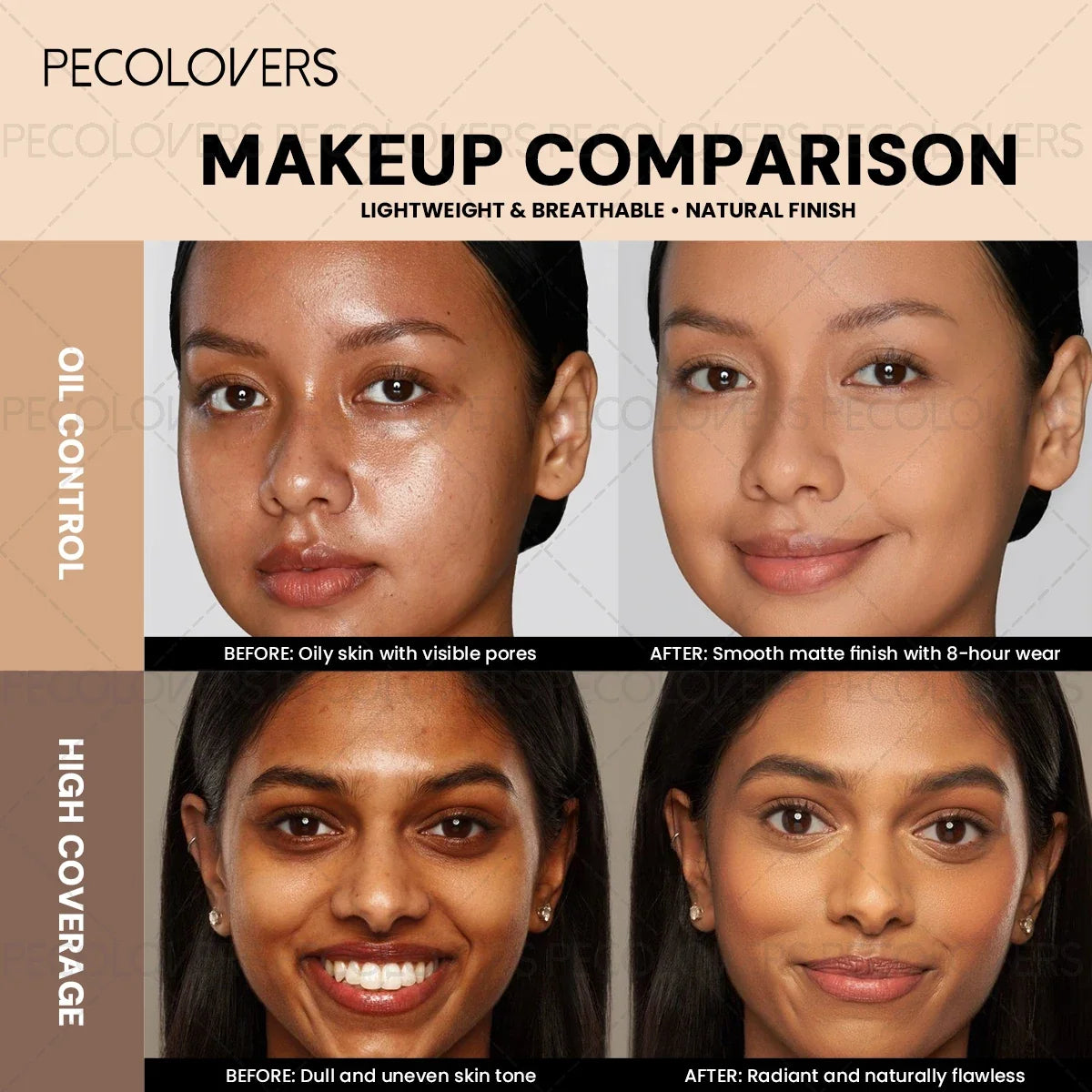 Blushimmer pressed powder foundation in Light to Medium, waterproof with matte finish, full coverage, non-sticky for all skin types.