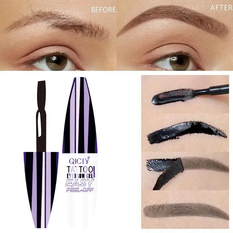 Blushimmer Peel Off Eyebrow Tattoo Tint in waterproof dye cream gel, showing a close-up of the tinted, groomed eyebrows.