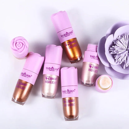 Blushimmer liquid face highlighter, bronzer, and contouring fluid with three color options for shimmer and glow.