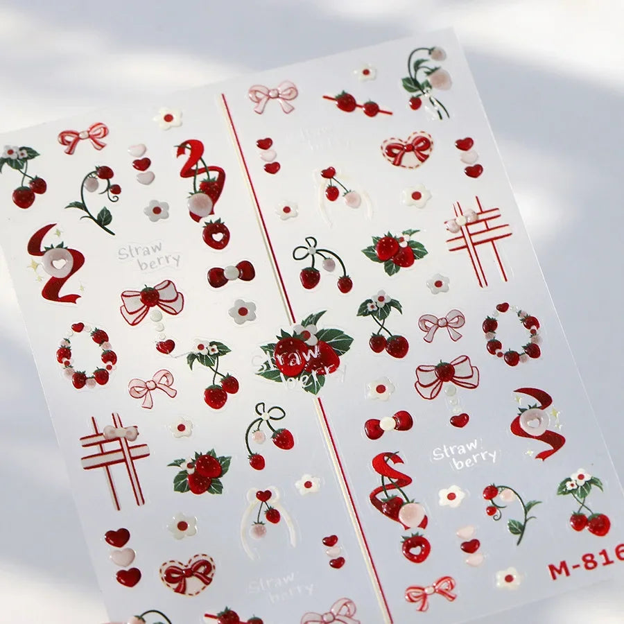 Cute Juicy Red Cherry Bowknot 5D nail art stickers with shiny crystals and rhinestones, perfect for DIY manicure decoration.
