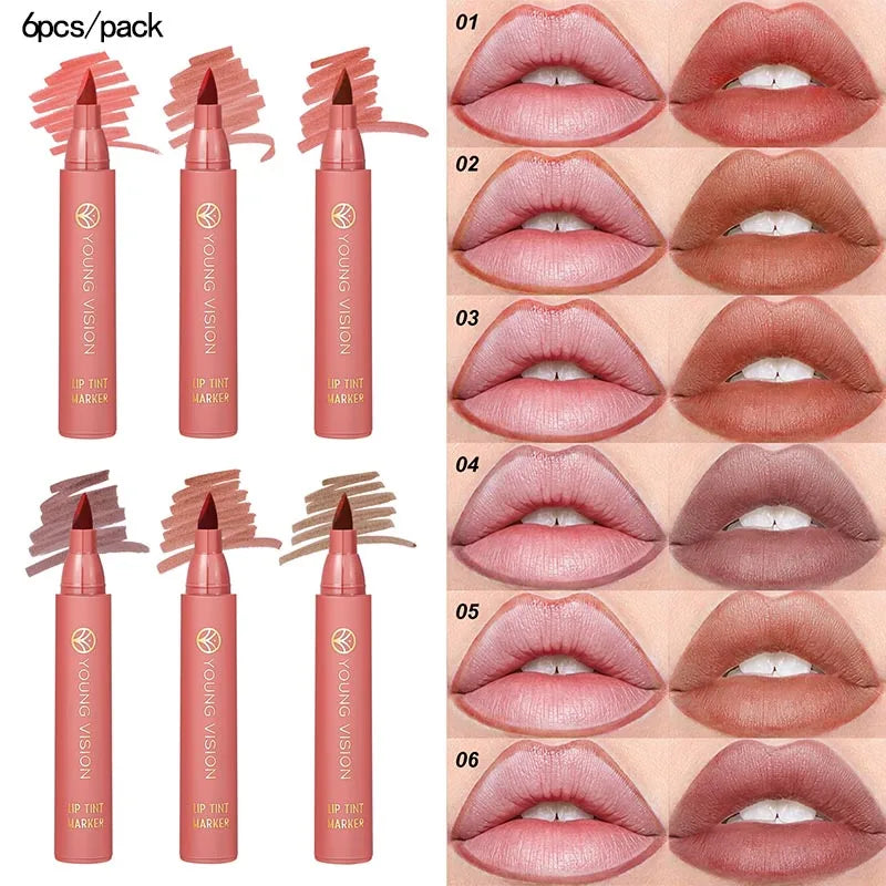 Blushimmer matte water lip tint pen with six color options, showing smooth, long-lasting lip stain and lip liner application.
