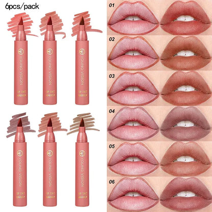 Blushimmer matte water lip tint pen with six color options, showing smooth, long-lasting lip stain and lip liner application.