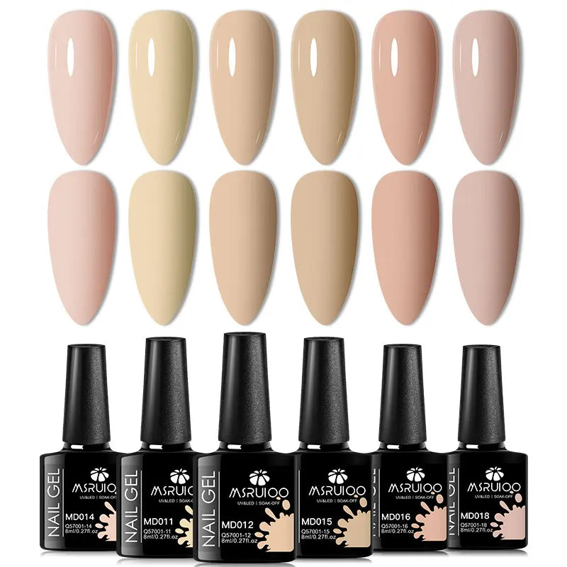 Blushimmer 6-piece nail gel polish set with vibrant semi-permanent UV gels for all-season manicures and nail art designs.