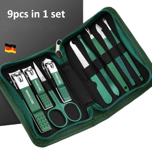 Green Blushimmer manicure set with leather case, includes stainless steel nail clippers and foot and face care tools.