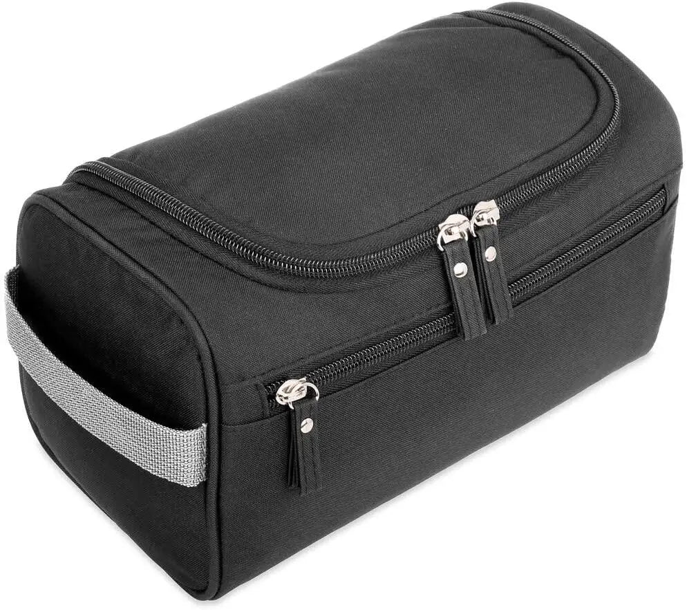 Waterproof unisex portable makeup bag by Blushimmer showing a hanging cosmetic organizer with multiple compartments.