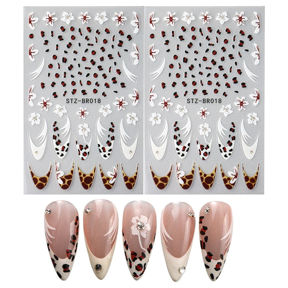 Blushimmer cheetah and floral French nail stickers with holographic leopard designs for manicure decoration and art.