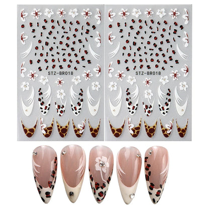 Blushimmer cheetah and floral French nail stickers with holographic leopard designs for manicure decoration and art.