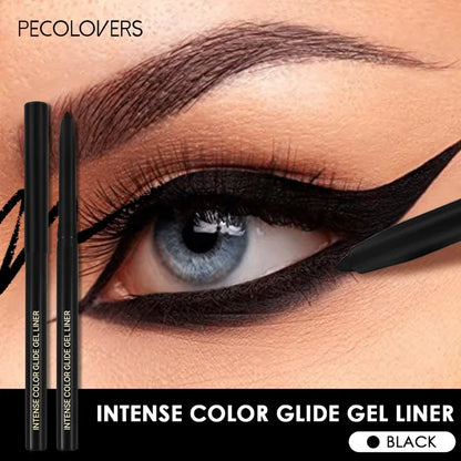 Black waterproof gel eyeliner pencil by Blushimmer, featuring a matte finish, easy application, quick-drying, non-smudge makeup look.