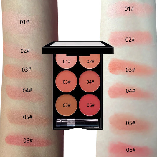 Blushimmer 6-color blush and contour palette with pearlescent matte powders for natural makeup application.