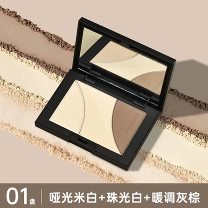 Blushimmer Mooekiss highlighter contour blush powder palette with three matte and pearlescent shades for face and eye makeup.