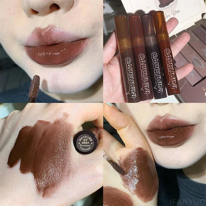 Blushimmer punk dark brown mirror water lip gloss and clear lip oil in transparent glass container with red tint, waterproof liquid lipstick