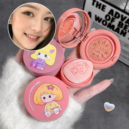 Blushimmer Cushion Blush in blush shade with powder puff, long-lasting, blendable makeup blusher for a natural glow.