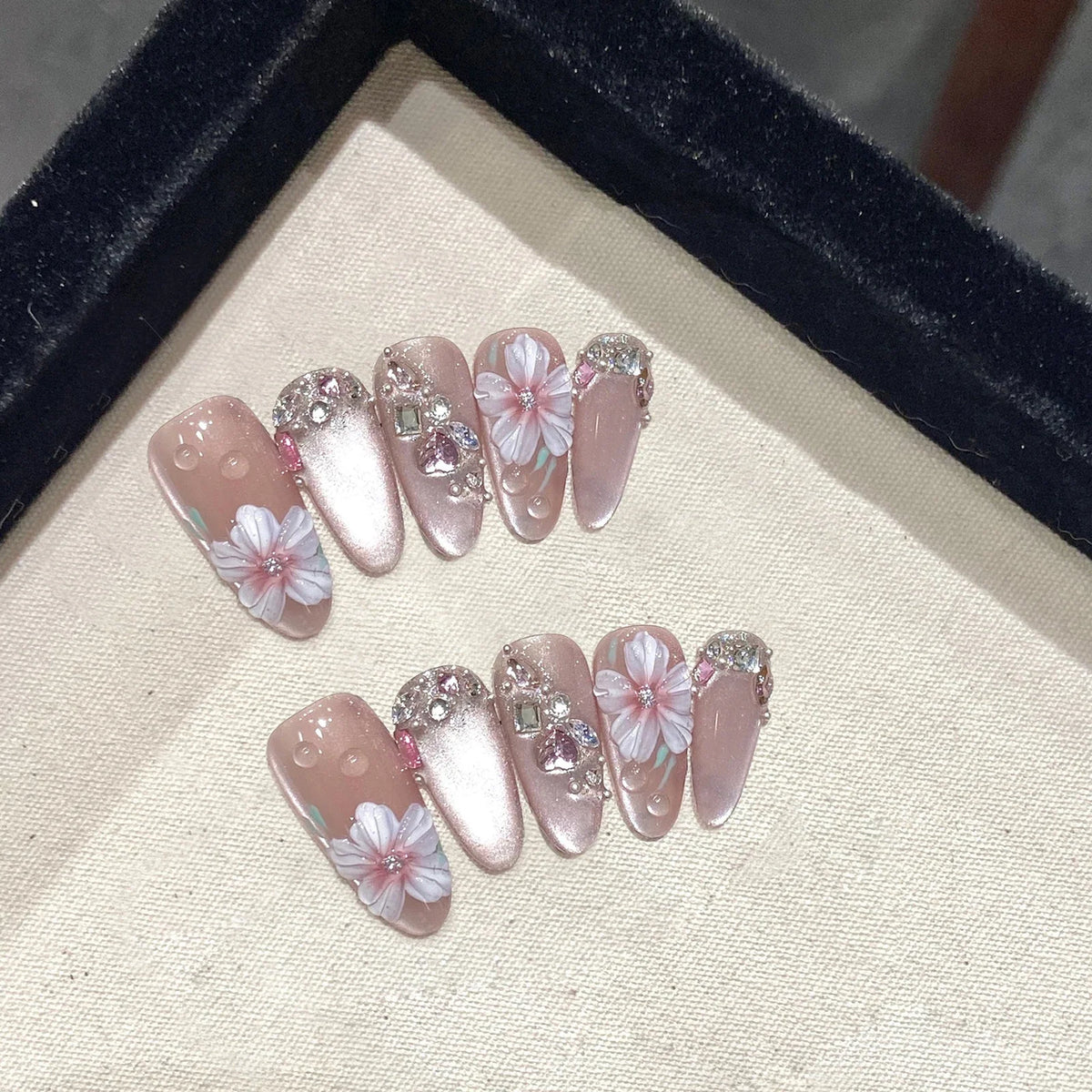 Set of 10 French almond press-on false nails with floral design by Blushimmer, wearable stick-on nail tips for women.