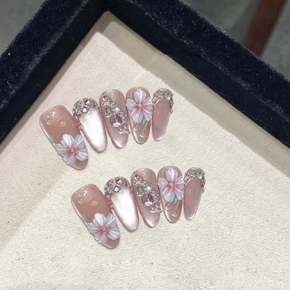 Set of 10 French almond press-on false nails with floral design by Blushimmer, wearable stick-on nail tips for women.
