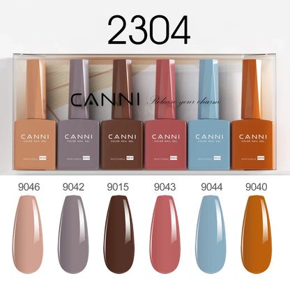 Blushimmer CANNI nail gel polish kit with six 9ml bottles in jade, nude, jelly pink, and natural colors for French nail designs.