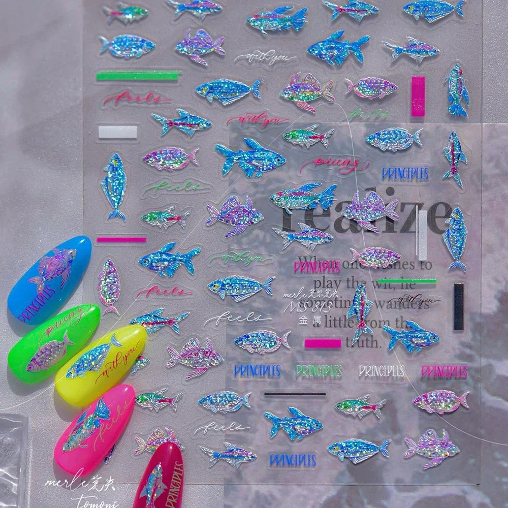 5D Metal Fish Nail Art Stickers Tiny Ocean Shoal of Fish Foil Waves Summer Beach Self Adhesive Decoration Manicure Decal DIY