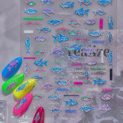 5D Metal Fish Nail Art Stickers Tiny Ocean Shoal of Fish Foil Waves Summer Beach Self Adhesive Decoration Manicure Decal DIY