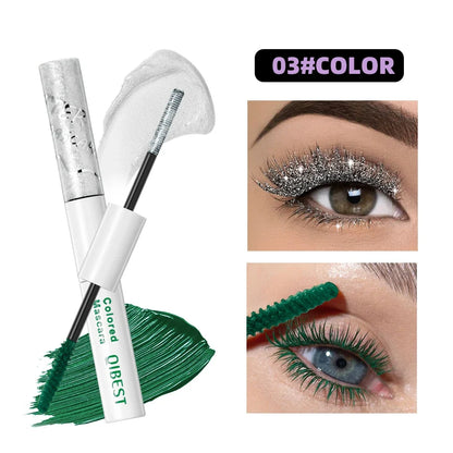 Blushimmer Qibest double-ended diamond glitter waterproof 4D fiber mascara with volumizing brush and sparkling glitter finish.