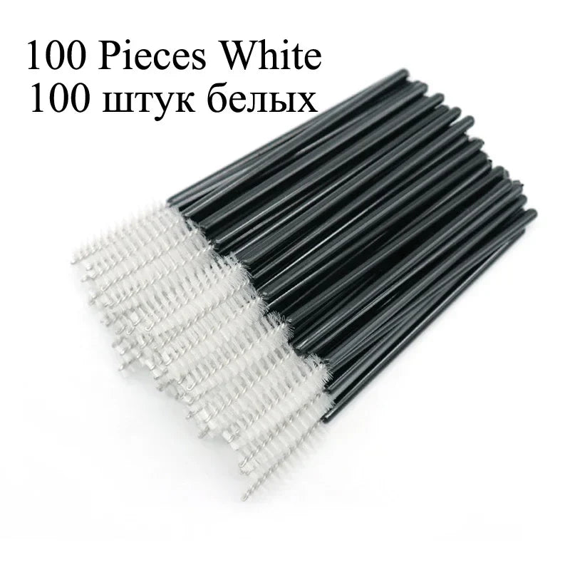 Set of 100 disposable micro eyelash extension brushes and spoolers, including mascara wands and eyebrow combs by Blushimmer.