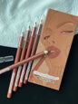 Six colorful waterproof Blushimmer lip liner pens in nude shades, featuring sweat-proof, fade-resistant, non-stick formula for precise application.
