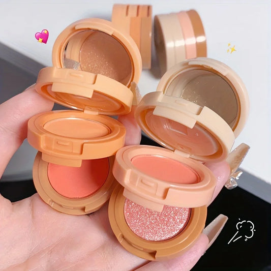 Blushimmer 3-in-1 makeup palette with matte and pearlescent blush, highlighter, and contouring shades in a 3-layer compact.