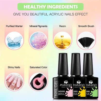 Blushimmer 6-piece nail gel polish set with vibrant semi-permanent UV gel for all-season manicure and DIY nail designs.