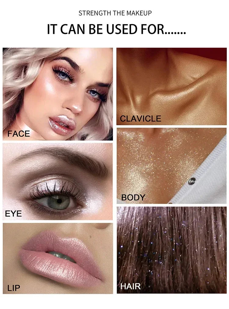 Blushimmer Shimmer Fairy Powder highlighter with white loose face and body glitter, illuminating makeup bronzer and face illuminator.