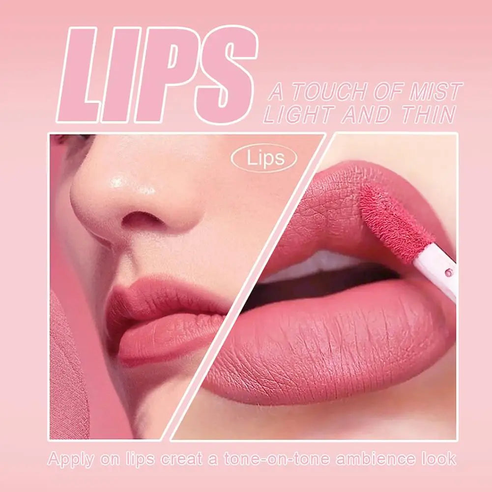 Set of three nude matte velvet lip glosses by Blushimmer featuring waterproof, long-lasting liquid lipsticks with a non-stick, moist finish.