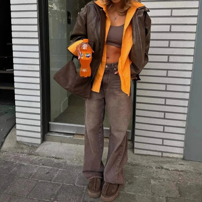 2025 New Retro Loose Casual Pants Women's Four Seasons Versatile High Waist Brown Straight Leg Jeans