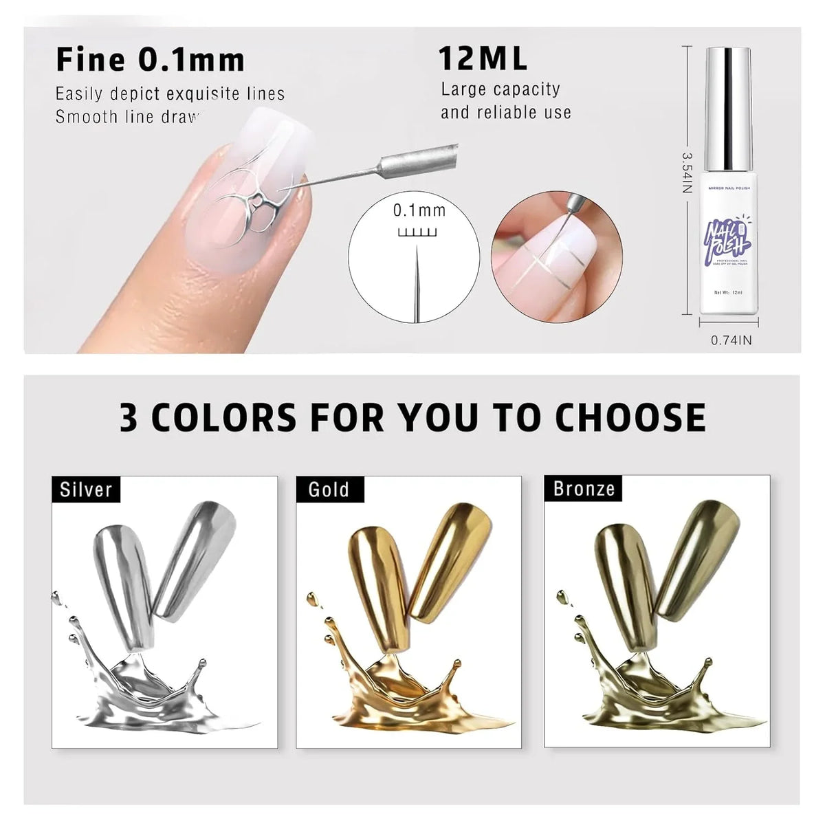 Blushimmer metallic nail gel in silver and gold, 5/8/10/12ml, with mirror chrome effect for UV/LED gel nail art.