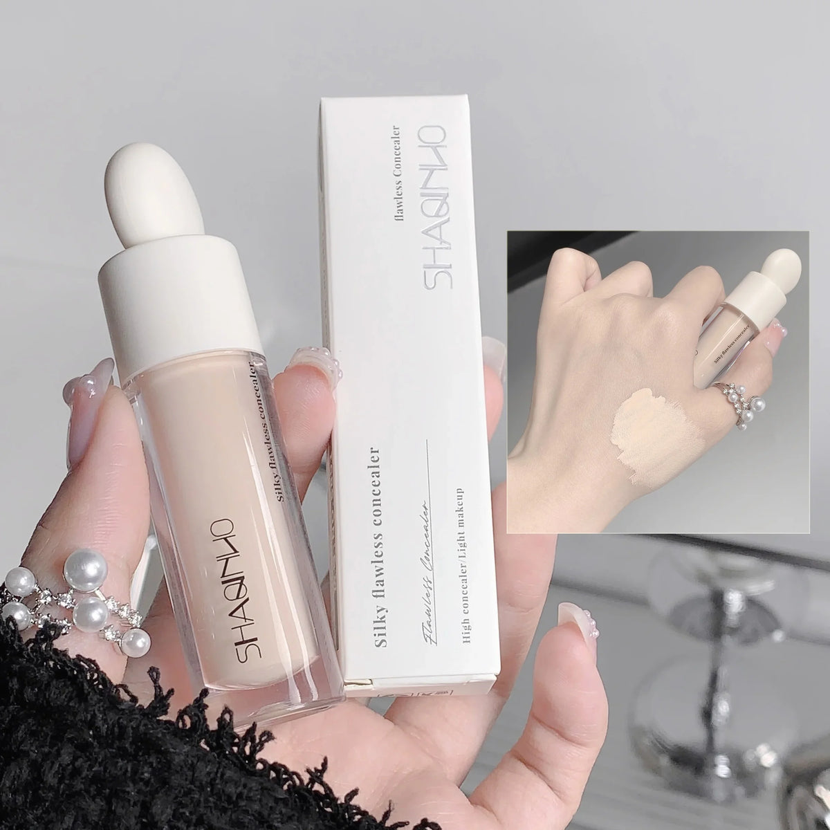 Blushimmer Flawless Finish Liquid Concealer with full coverage for blemishes, dark circles, and freckles, smooth and long-lasting.