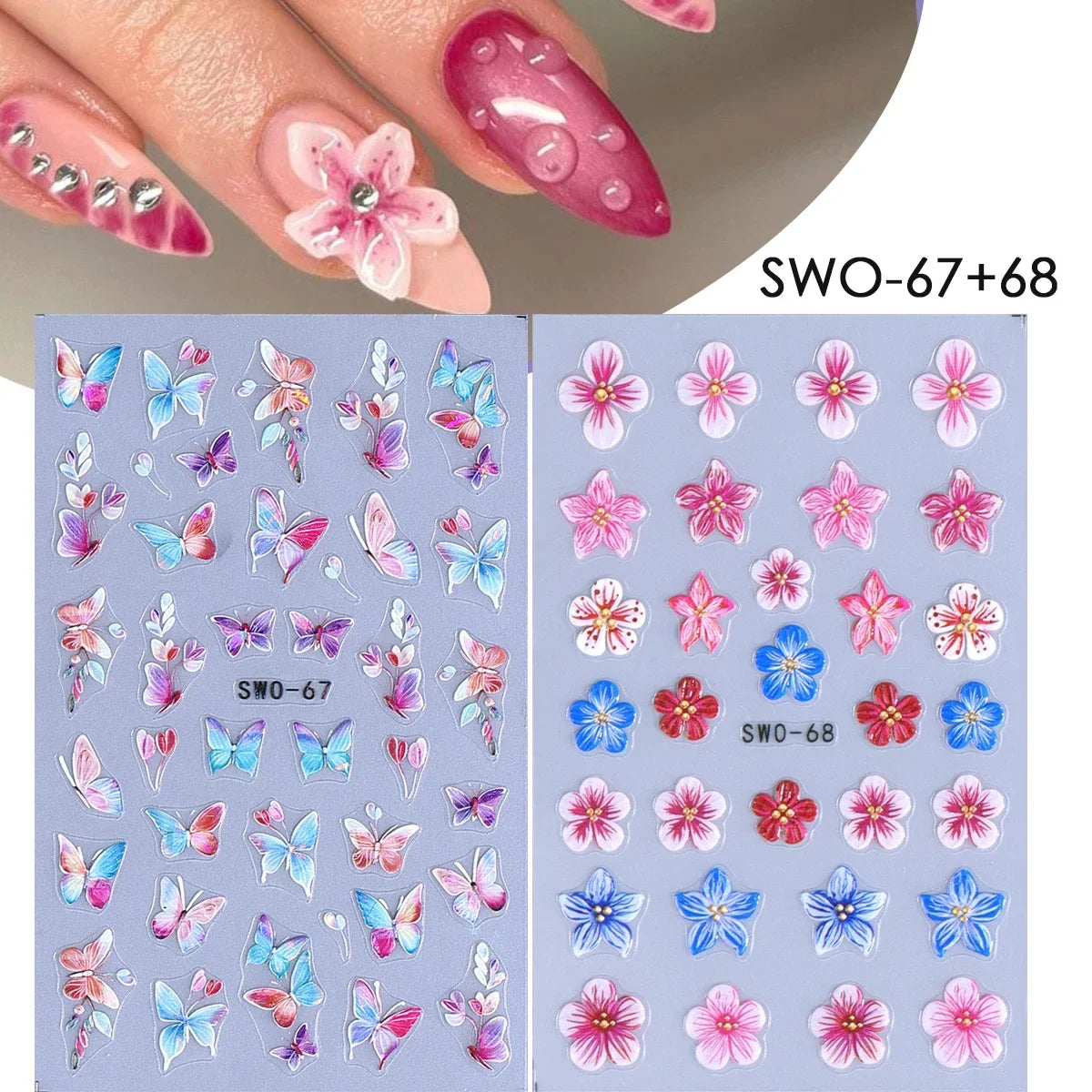 Colorful Blushimmer nail art stickers featuring flowers, hearts, cherries, strawberries, bows, butterflies, and kawaii designs for manicures.