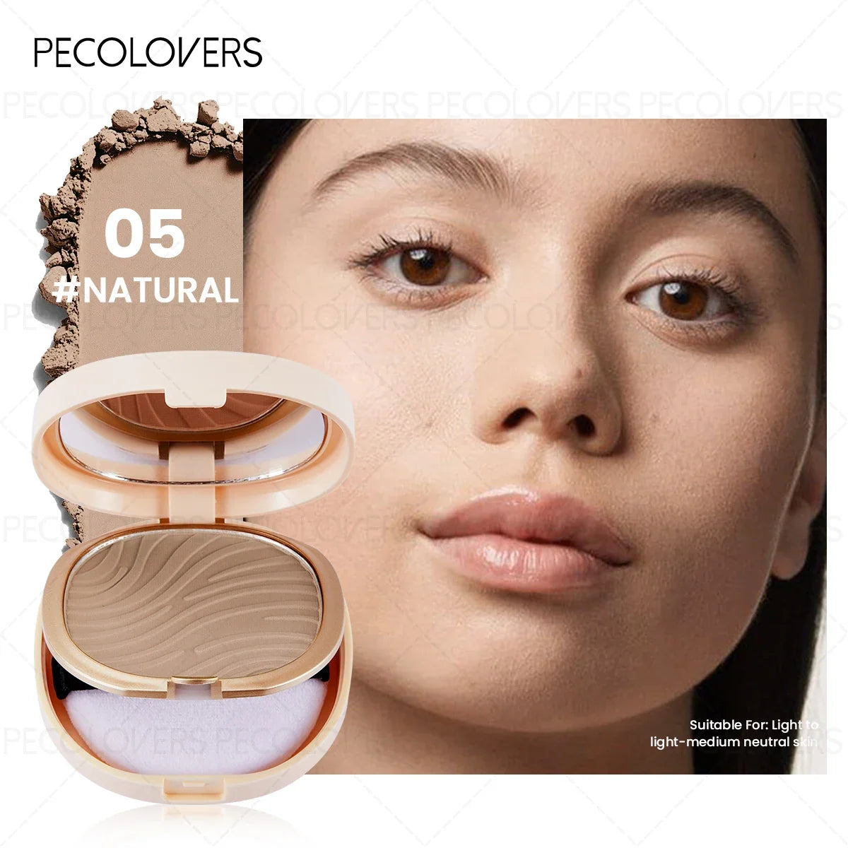 Blushimmer waterproof pressed powder foundation with matte finish and full coverage, suitable for all skin types in light to medium tone