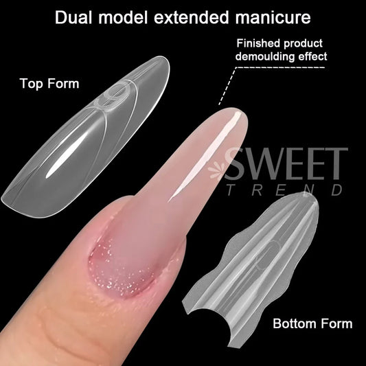 Box of 180 Blushimmer dual nail forms in 15 sizes for coffin and almond nail extensions, manicure extension tools.