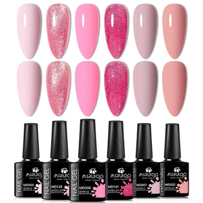 Blushimmer 6-piece nail gel polish set with vibrant, semi-permanent UV gel for all-season salon or DIY manicure.