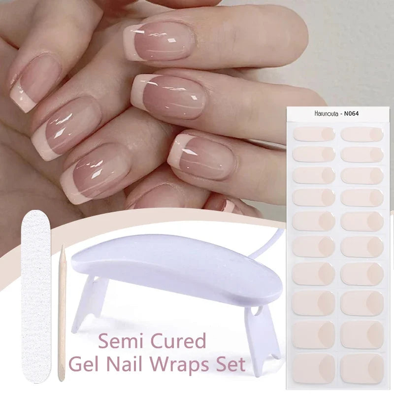 Blushimmer Harunouta 4-piece set of gradient jelly semi-cured gel nail strips with nude pink waterproof design and nail lamp.