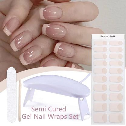 Blushimmer Harunouta 4-piece set of gradient jelly semi-cured gel nail strips with nude pink waterproof design and nail lamp.