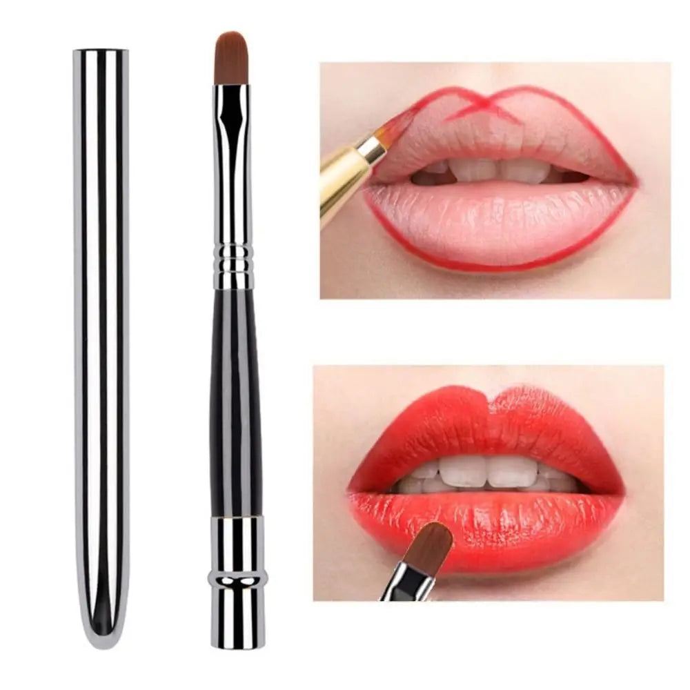 Blushimmer portable gold and silver lip gloss makeup brush pen with metal handle and protective cap for cosmetics.