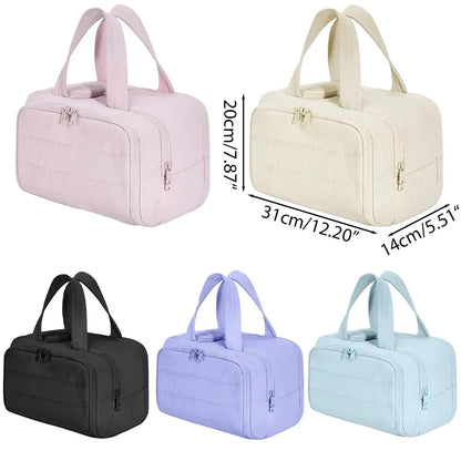 Large capacity waterproof cosmetic bag by Blushimmer, travel toiletries organizer with bathroom partition and shower makeup pouch.