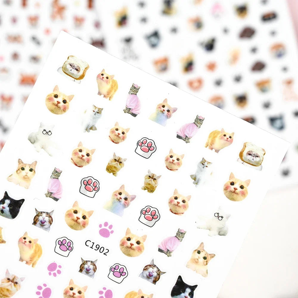 Cute cat and puppy nail decals by Blushimmer featuring 3D animal cartoon designs for Y2K-style nail art decoration.